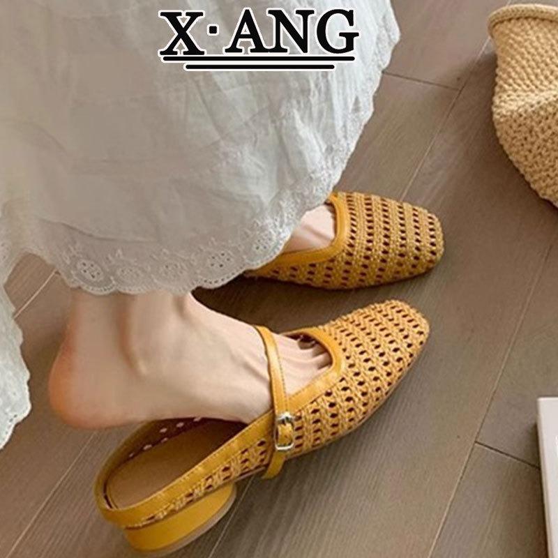 Sheepskin hand-woven hollow bag head Mary Jane slippers women's summer wear with skirt thick heel sandals beach sandals