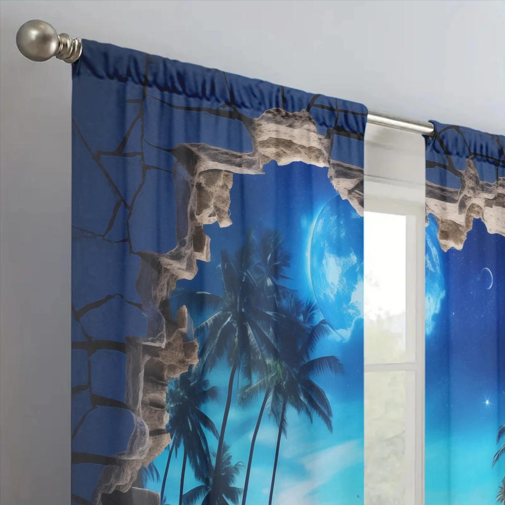 2pcs Moon Beach Printed Curtain for Home Decor - Rod Pocket Window Treatment for Bedroom, Office, Kitchen, Living Room,and Study