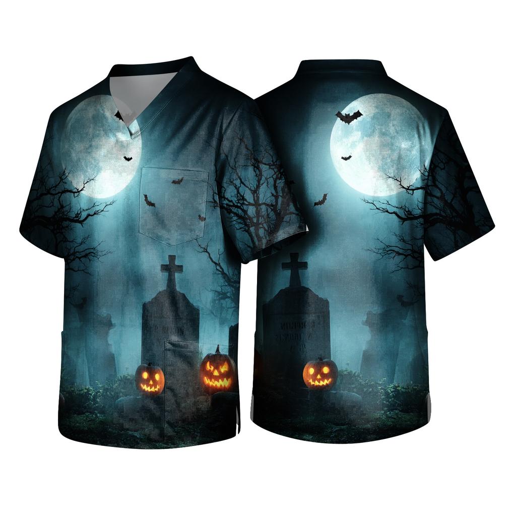 Men's Halloween Print V Neck Pocket Scrub Top Short Sleeve Medical Uniform Shirt for Healthcare Professionals