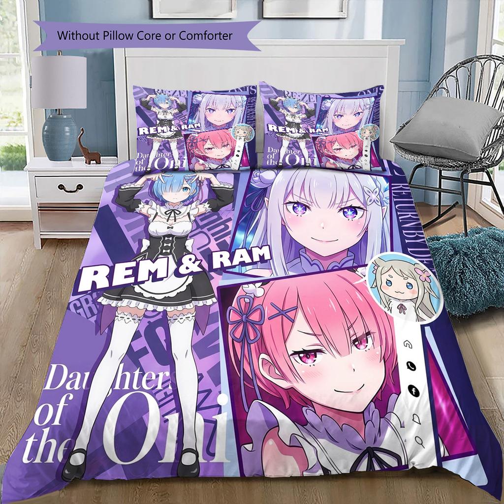 Re Zero Pattern Bedding Quilt Set Quilt Cover Pillowcase Home Birthday Gift(1 * Duvet Cover + 2 * Pillowcase, Without Core)