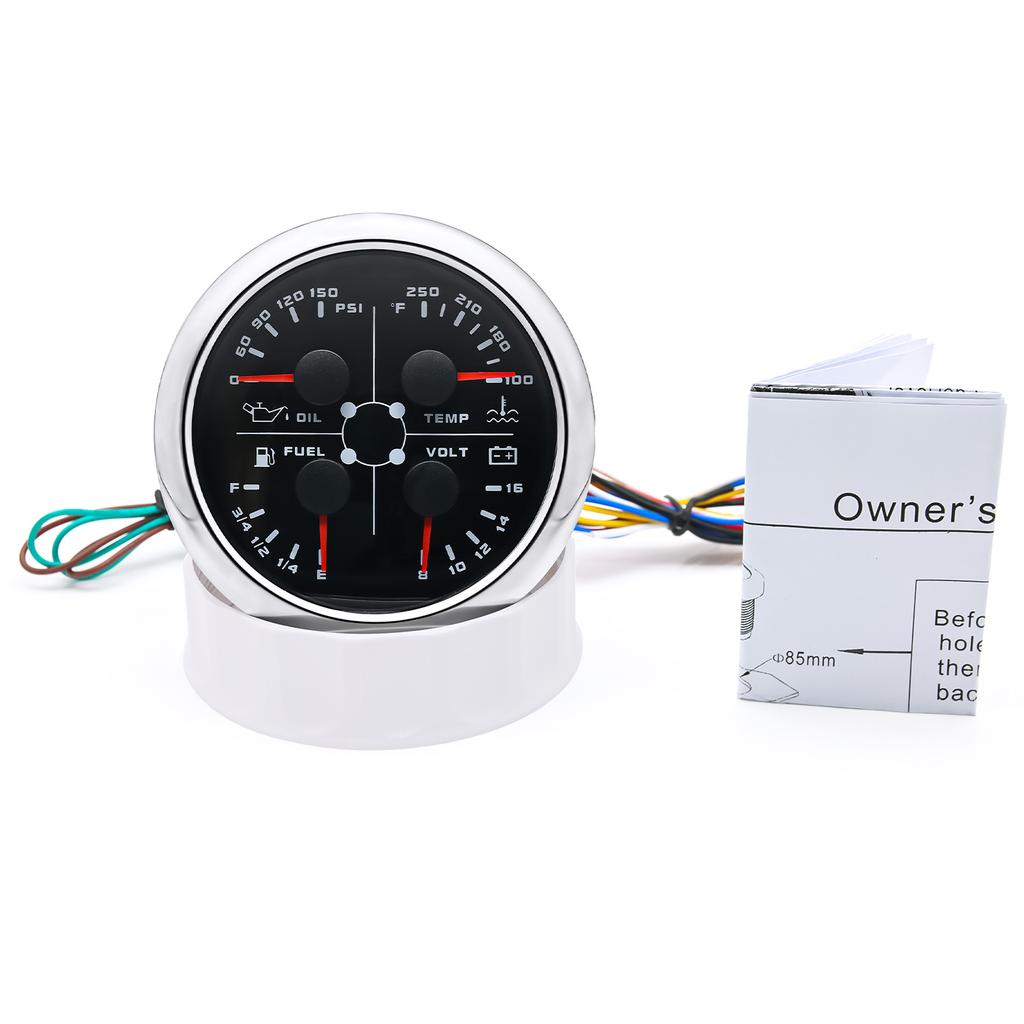 85mm Oil Pressure/water Temperature/fuel/voltmeter 4 In 1 Multifunction Gauge 0-10bar Oil Pressure or Water Temperature Sensor