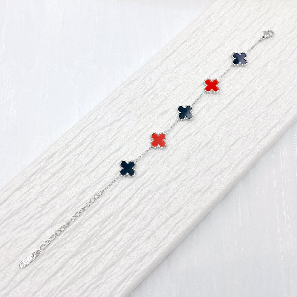 

13MM Silver Four-Leaf Clover Titanium Bracelet - Double-Sided, No Fade