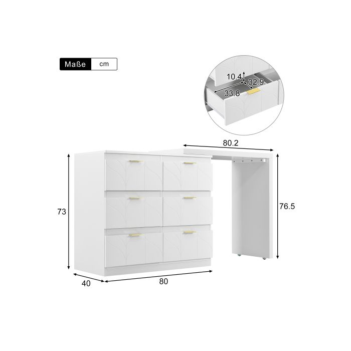 Comodă - MUVOE - 6 sertare - Mânere aurii - Alb - Design romantic