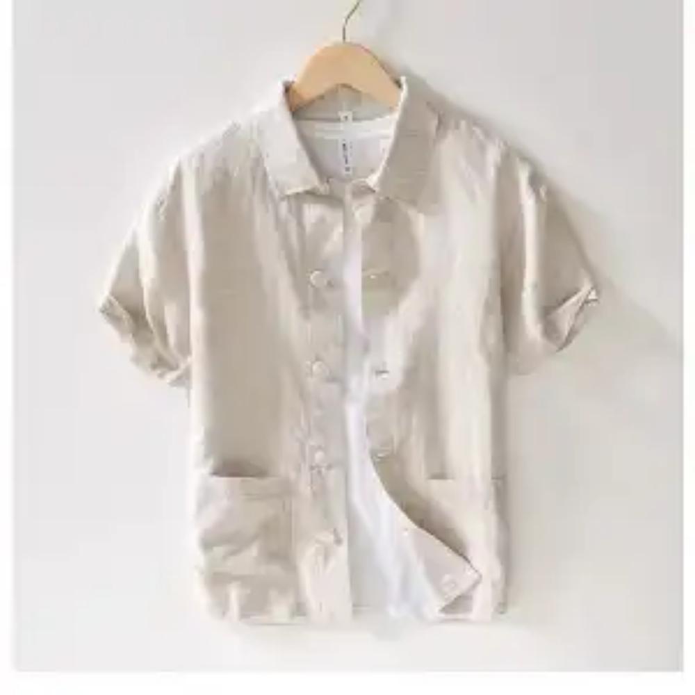 Japanese Thin Breathable Men Short-sleeved Shirt for Summer New Solid Color Lapel Casual Half-sleeved Cardigan