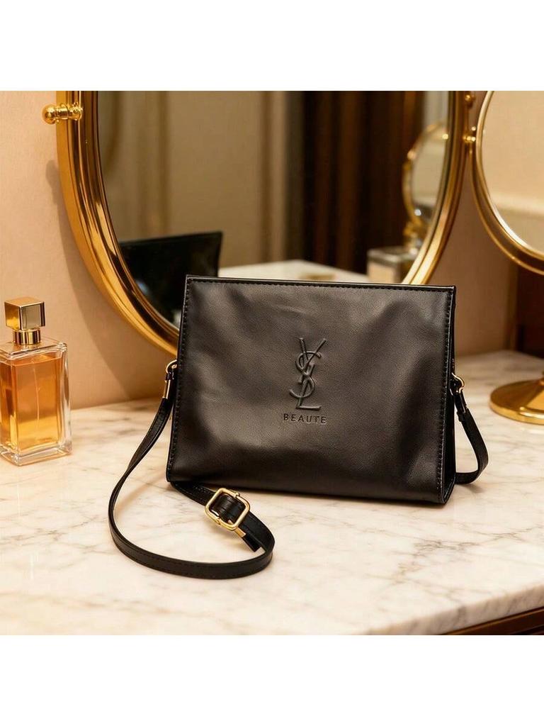 YSL-Retro Minimalist Handmade DIY Black Square Bag (Embossed Logo), Light Luxury Textured Single Shoulder/Crossbody Bag