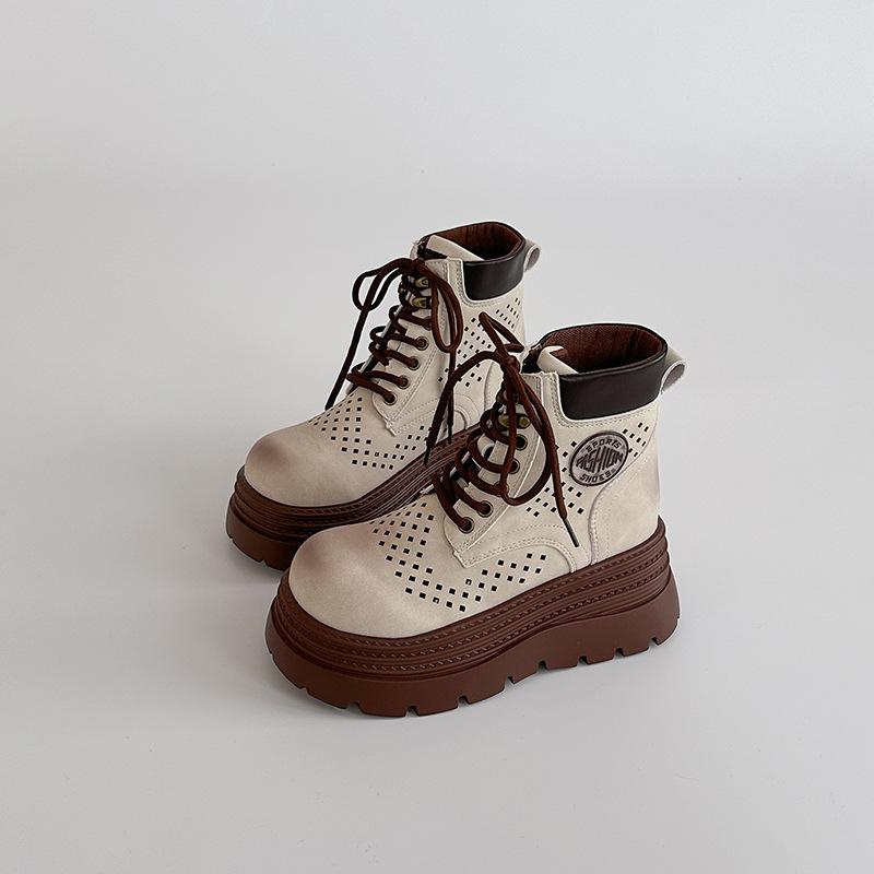 

Модные уличные ботинки мартин на плоской подошве с полым каблуком, осенние винтажные дышащие женские ботильоны на платформе, короткие ботинки 40 бежевый