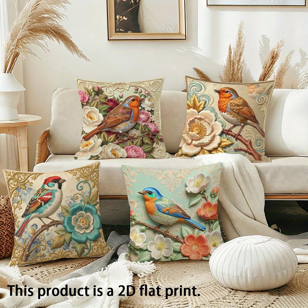 1/4pcs Exquisite Bird-Patterned Cushion Covers Sofa bed cushion cover home bedroom decoration, 2D flat printing