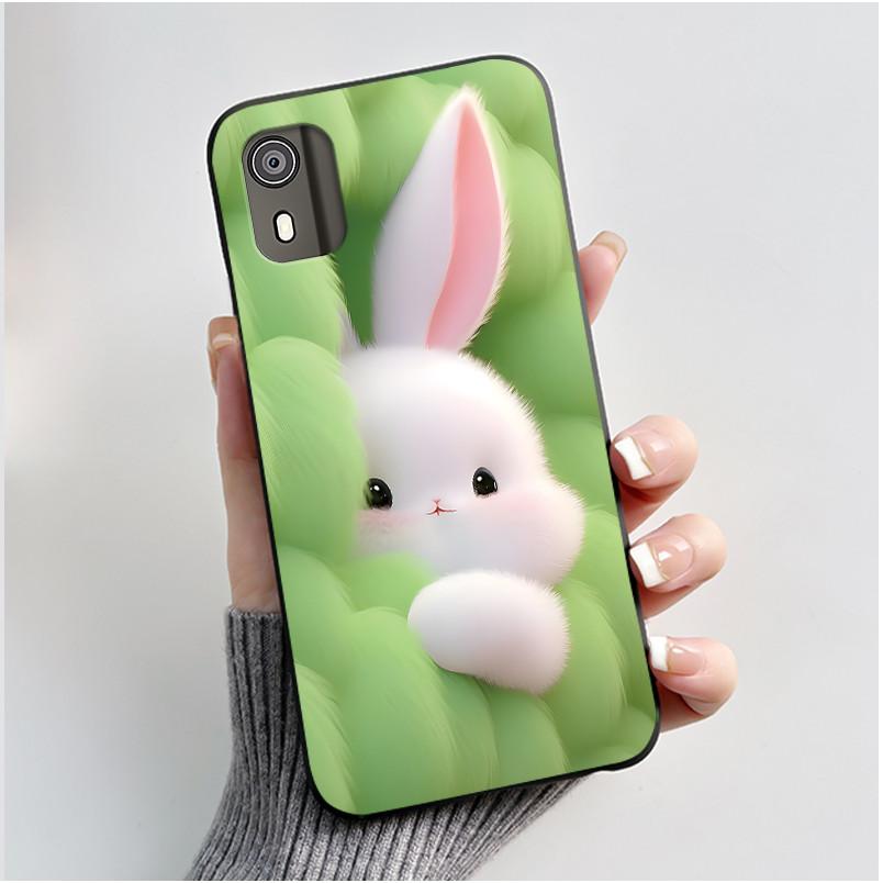 For Nokia C02 Phone Case Cute Funny Love Rabbit Animal Black Matte Soft TPU Protective Back Cover for Nokia C2 2nd Edition Case