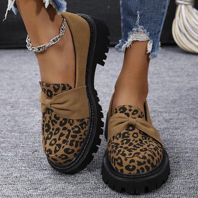 Sapatos Mocassins de Camurça Falsa Leopardo da Moda para Mulheres Tamanho Grande Sapatos de Plataforma Mulher Decoração de Laço Slip On Sapatos Casuais Mujer