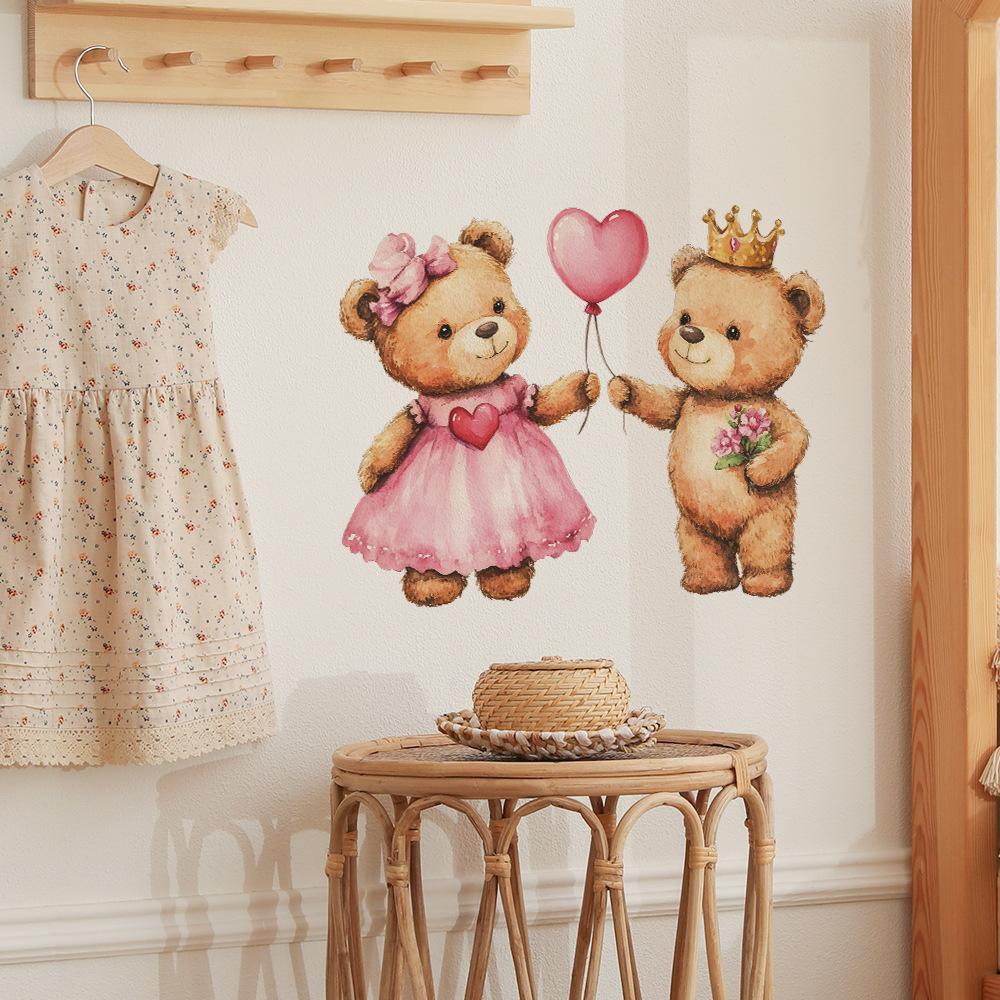 Couple Bears Love Balloons Wall Sticker for Bedroom Living Room Shop Background Removable Self-Adhesive Decoration