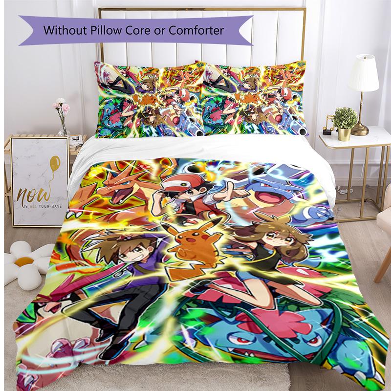 Pokémon Pattern Printed 3PCS Bedding Set, Soft Skin-Friendly Washable Duvet Cover & Pillowcases Set