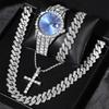 Iced Out Luxury Popular set Watch+Bracelet+Necklace With Gift Box Cuban Chain Cross Pendent Jewelry HipHop Style For Men Women