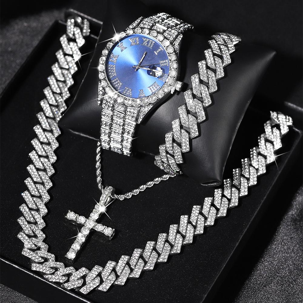 Iced Out Luxury Popular set Watch+Bracelet+Necklace With Gift Box Cuban Chain Cross Pendent Jewelry HipHop Style For Men Women