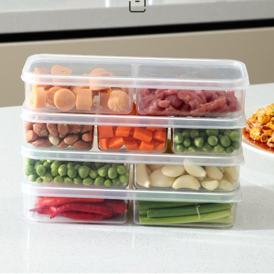 2Pcs Slim Meal Prep Boxes with Lids Long Clear Snack Containers with 2 or 3 Compartments Narrow Stackable Refrigerator Organizer for Fridge Pantry
