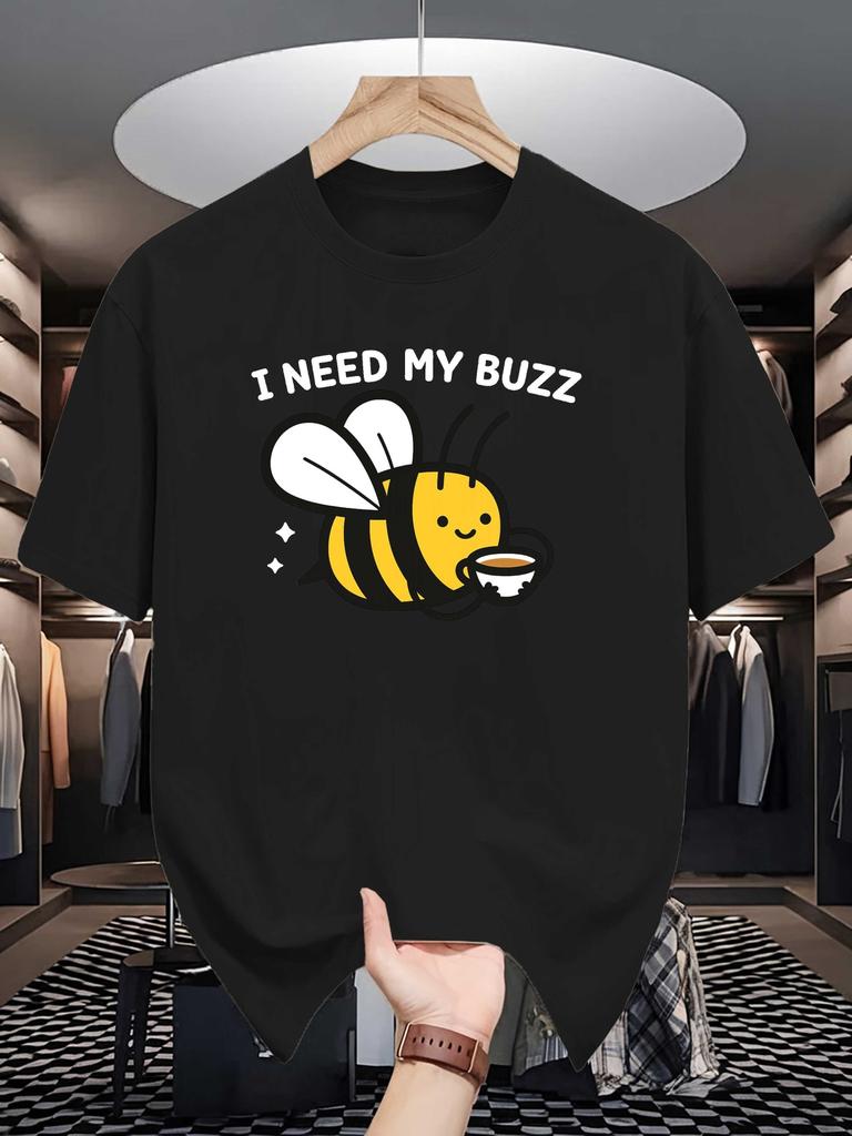 Unisex Crew Neck Tee Cute Bee Holding Coffee Letter Text Print Soft Cotton Loose Short Sleeve Summer Casual Male Streetwear Tops