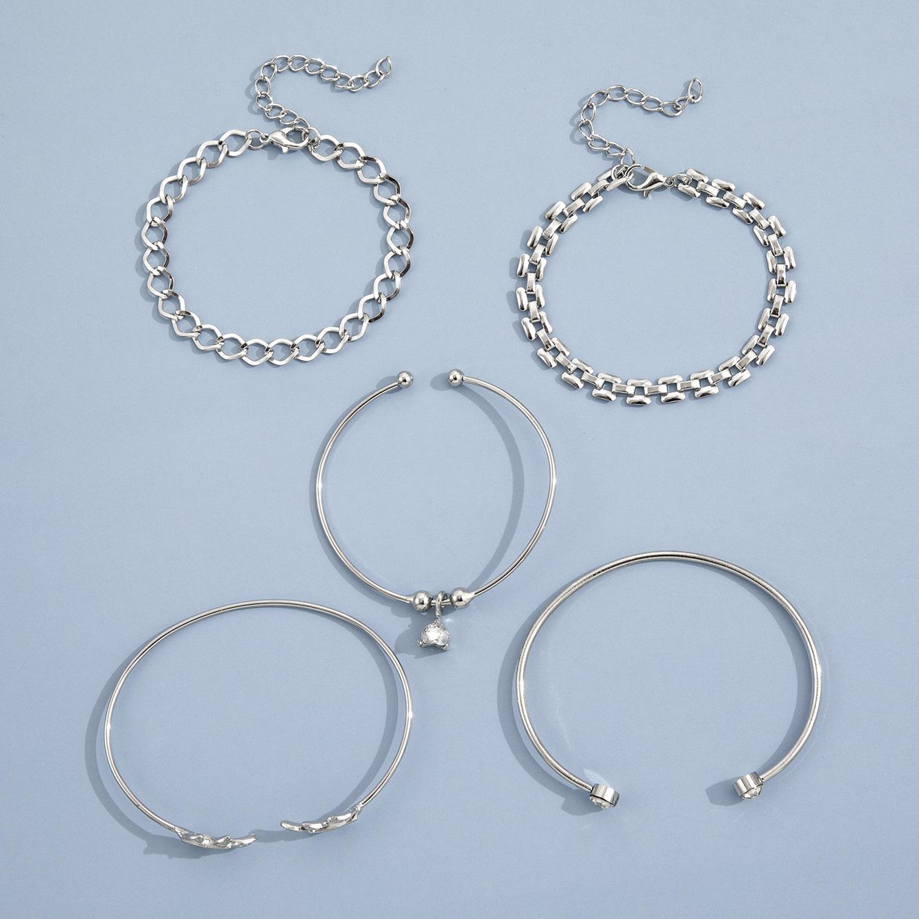 

5PCS Geometric Link Chain Bracelet Set For Women Crystal Leaf Open Cuff Bangle Female Boho Jewelry Accessory срібний