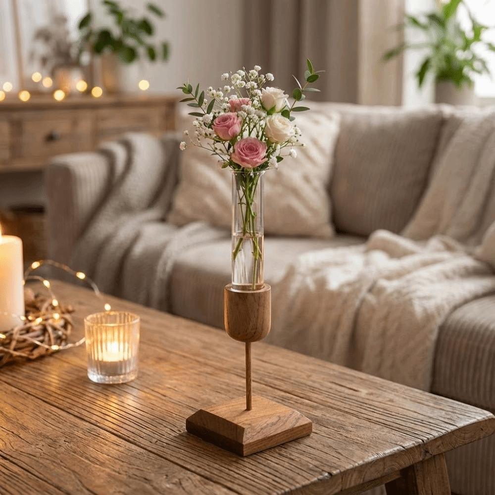 Kreative Hydrokultur-Pflanzenvase Holzsockel Minimalistische Glas-Blumenvase Einfacher Eleganter Blumenarrangement-Behälter Trockenblume