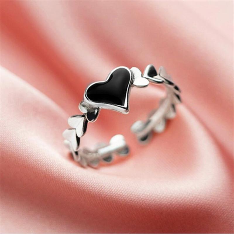 

New Sweet Epoxy Black Love 925 Sterling Silver Jewelry Temperament Cute Heart Shape Fashion Opening Rings TYB043 срібний