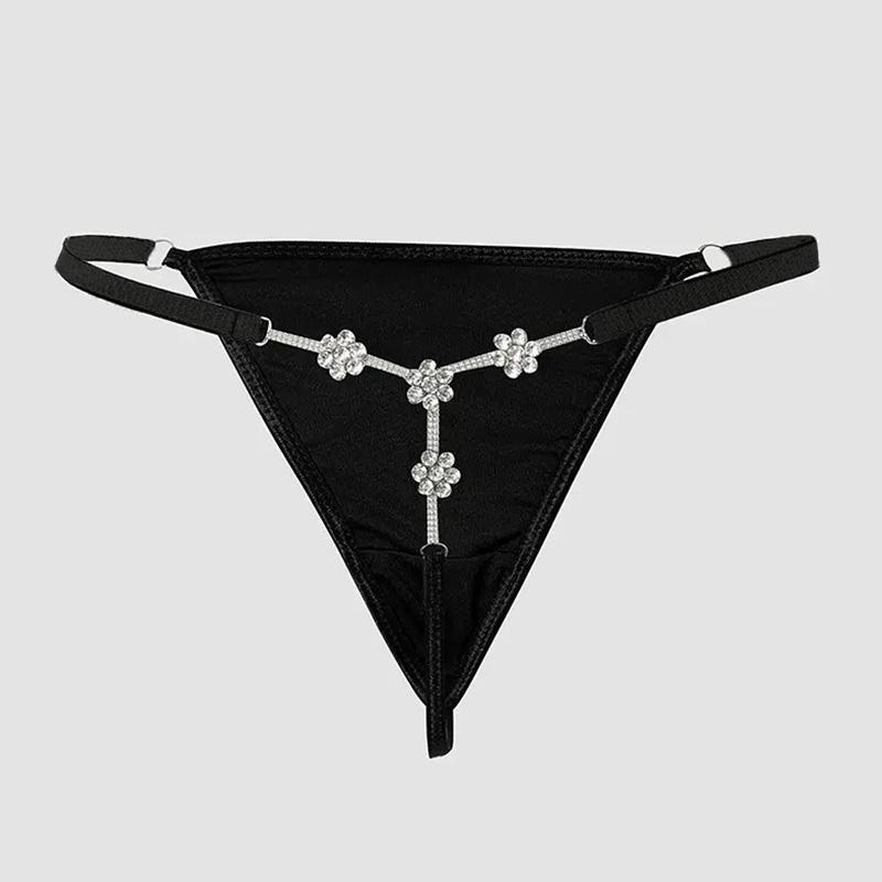 Sexy Blumen-Kristall-Tanga-Bikini-Höschen-Schmuck für Frauen, Stretch-Seil, Strass-Tanga-Rücken-Höschen, Körperschmuck
