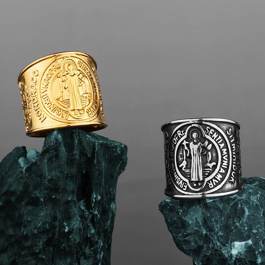 Retro Sint Benedictus Medaille Brede Ring Voor Mannen Roestvrij Staal Metaal Kruis Vintage Punk Gotische Accessoires Zegening Sieraden Cadeau