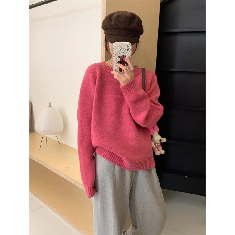Autumn and Winter New Retro Soft Waxy Candy Color Crew Neck Pullover Sweater Women's Loose Lazy Knitted Sweater Top Thick
