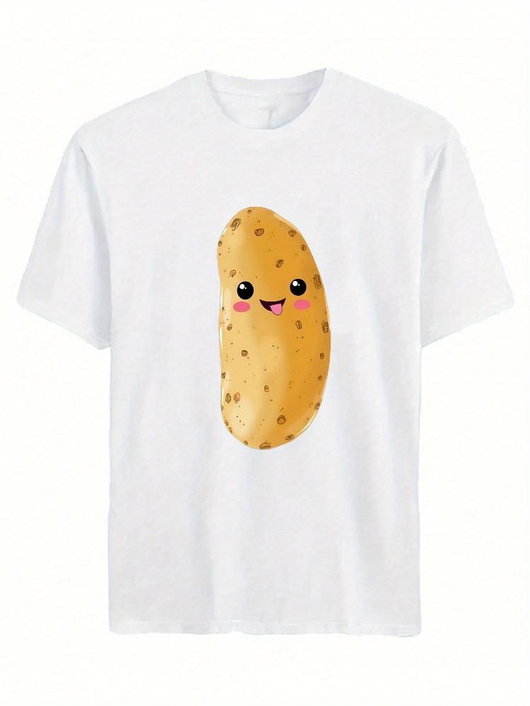 Cute Cartoon Potato Pattern TShirt for Women Soft Casual Crew Neck Short Sleeve Featuring A Cheerful Smiley Face Design