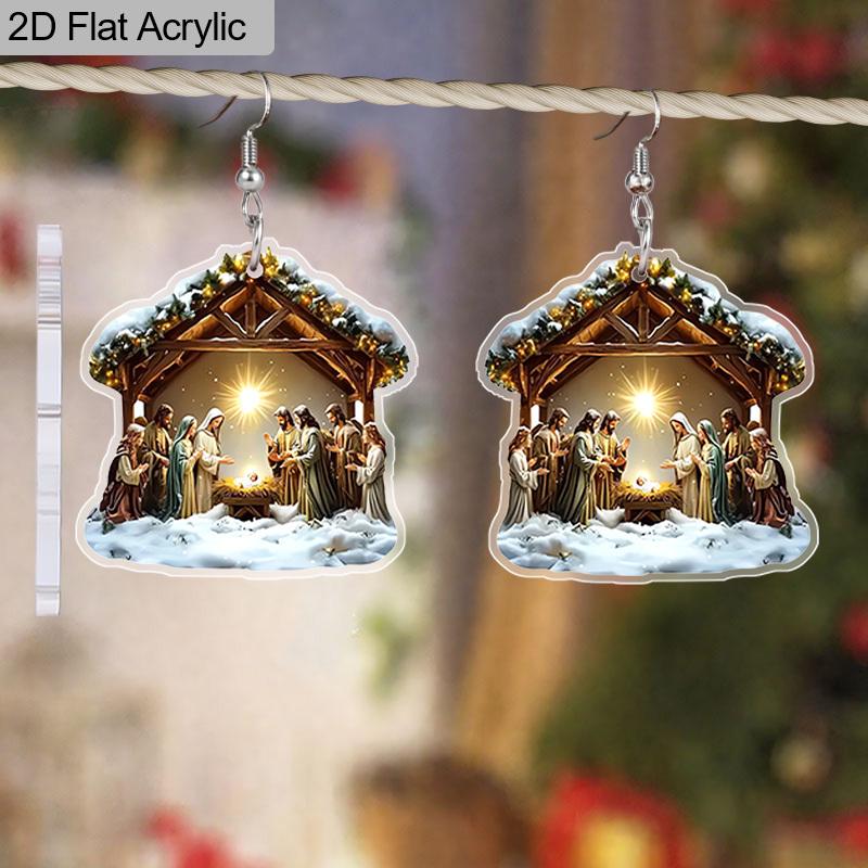 2D Flat Art Retro Nativity Scene Pattern Christian Spiritual Religious Painting Acrylic Christmas Earrings Jewelry Women's Accessories Epiphany Gifts