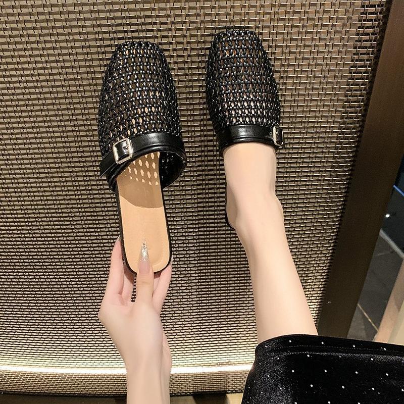 Fashion Women Mesh Mules Shoes Luxury New Slippers Flats Sandals 2025 Designer Hollow Summer Slingback Casual Shoes Buckle Woman Zapatos