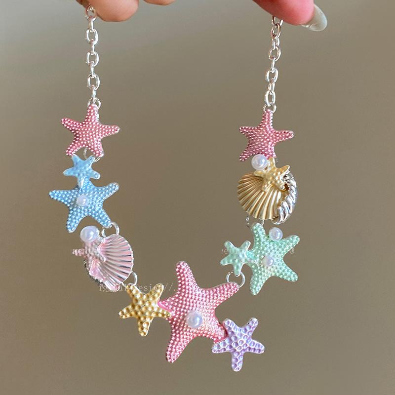 

Ожерелье-подвеска из ракушки морской звезды жемчужного цвета, окрашенное аэрозольной краской, летнее, приморское, для отпуска, цепочка до ключицы, модные универсальные серьги для женщин