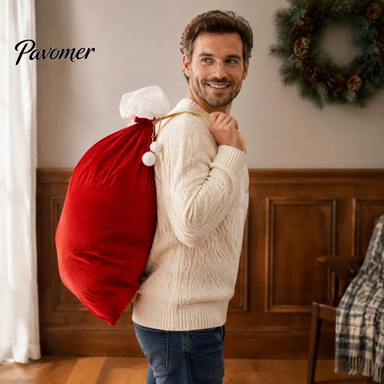 Christmas Velvet Gift Bags Large Bag, Santa Claus Sack with Adjustable Decorative Bag Drawstring, Reusable Fabric Storage Pouch for Xmas Holiday