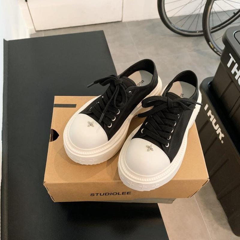 Platform Canvas Shoes Women's Spring and Autumn Height Increase Muffin Single Shoes Sports Little White Shoes Women's Shoes White Black and White