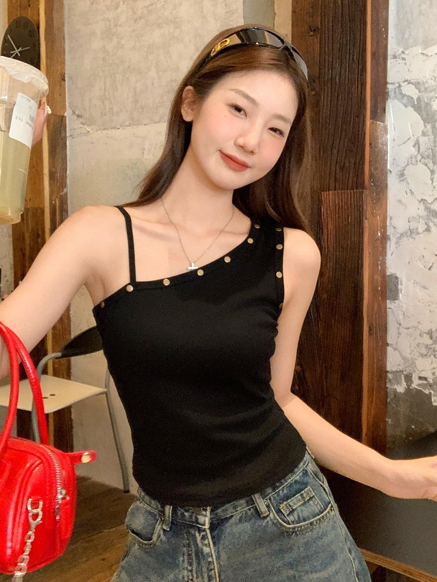 Super good-looking diagonal neck off-the-shoulder irregular sling vest women s summer new willow nail niche design S