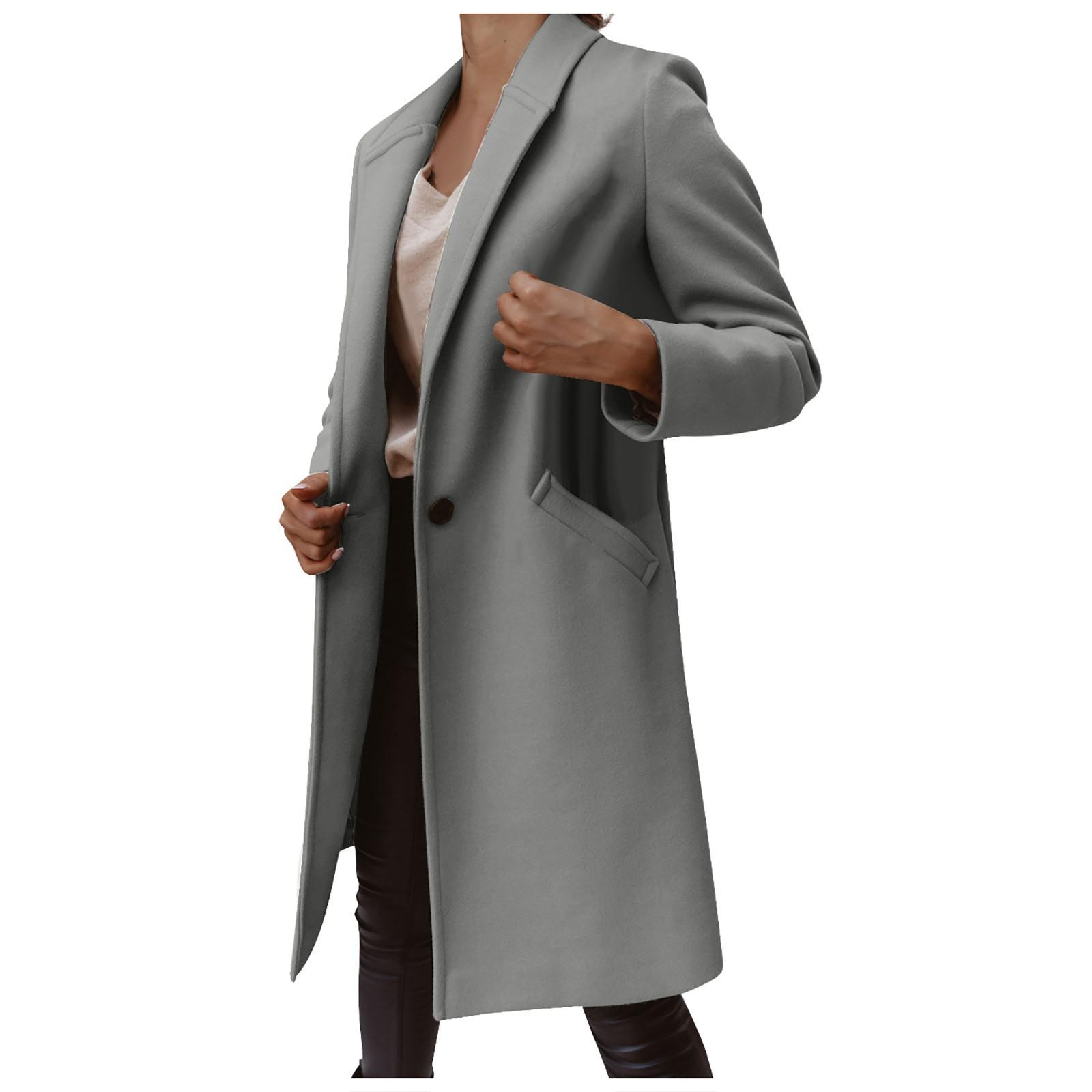 

Женская мода однотонное шерстяное пальто с длинными рукавами и лацканами средней длины на пуговицах L