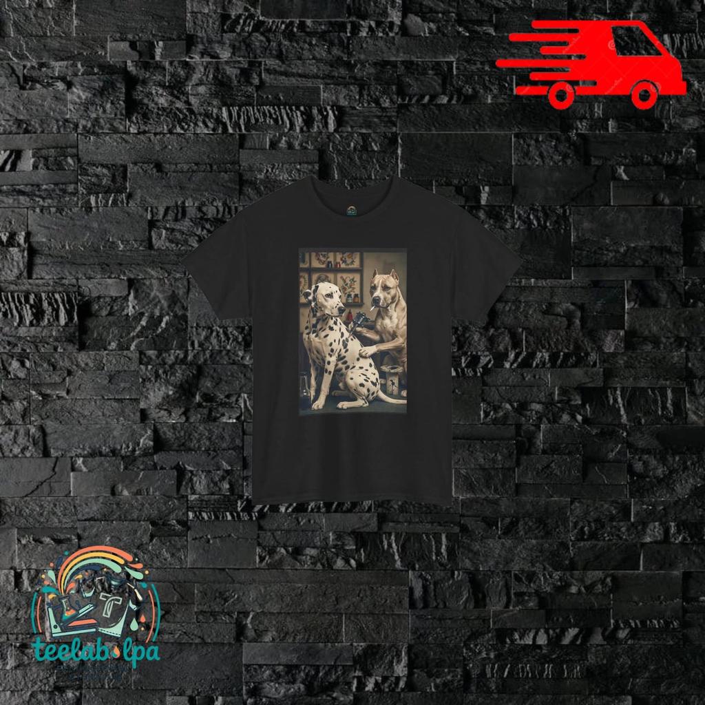 Pitbull Tattoo T-Shirt, Dalmatian Meme, Funny Graphic for Dog Lovers, Ironic Streetwear Style