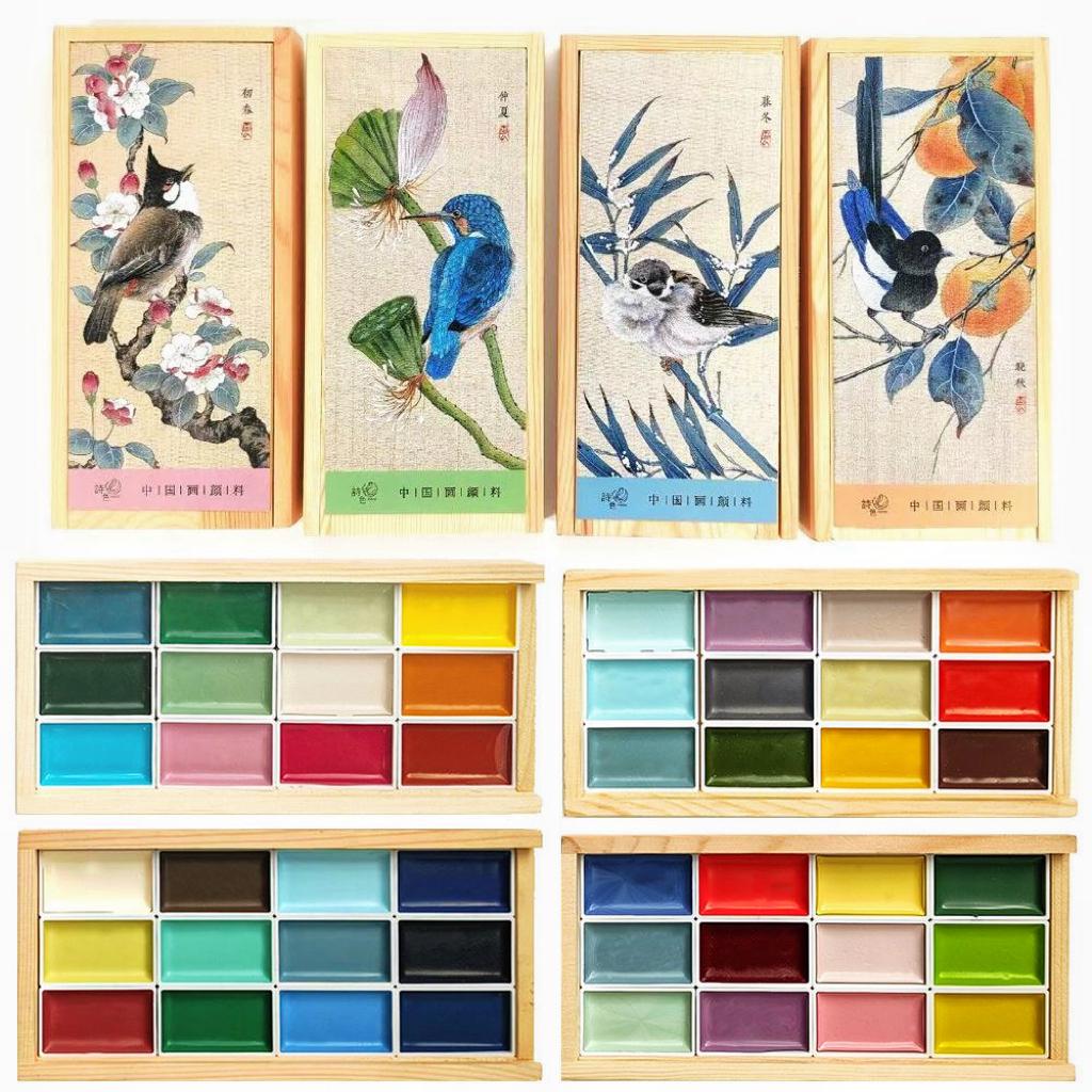 48-12 Farben Handgemaltes Chinesisches Malset - Professionelle Aquarellfarben in Festfarben, Ideal zum Skizzieren und Illustrieren