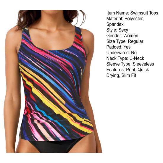 Women Swimsuit Tops U-Neck Sleeveless Striped Print Vest Suspender Chest Pad Beach Style Vest Tops Vacation Party Wear