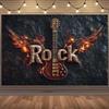 Dwuwymiarowa Dekoracja Ścienna z Muzyką Rockową, Gitara ze Skrzydłami Płomieni z Napisem „Rock”