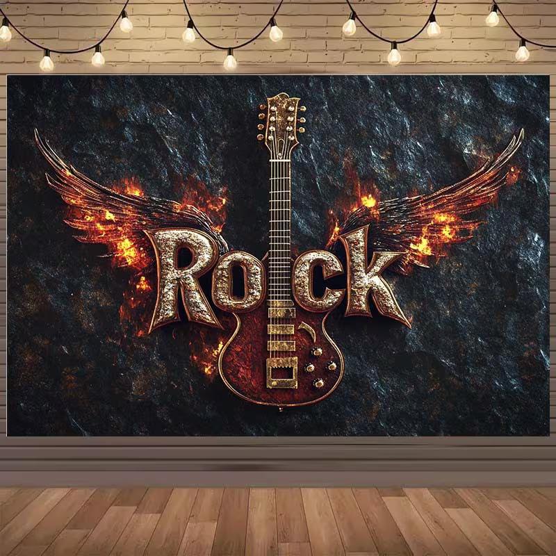 2D Rock Music Backdrop, Flaming Wings Guitar with Rock Text Wall Decor 47.2x31.5inch/120*80cm