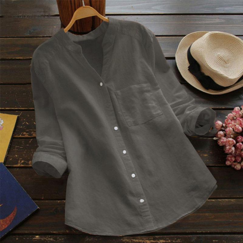 2025 Spring Women's V-Neck Cotton Linen Shirt - Long Sleeve, Loose, Plus Size, Trendy Cut Label
