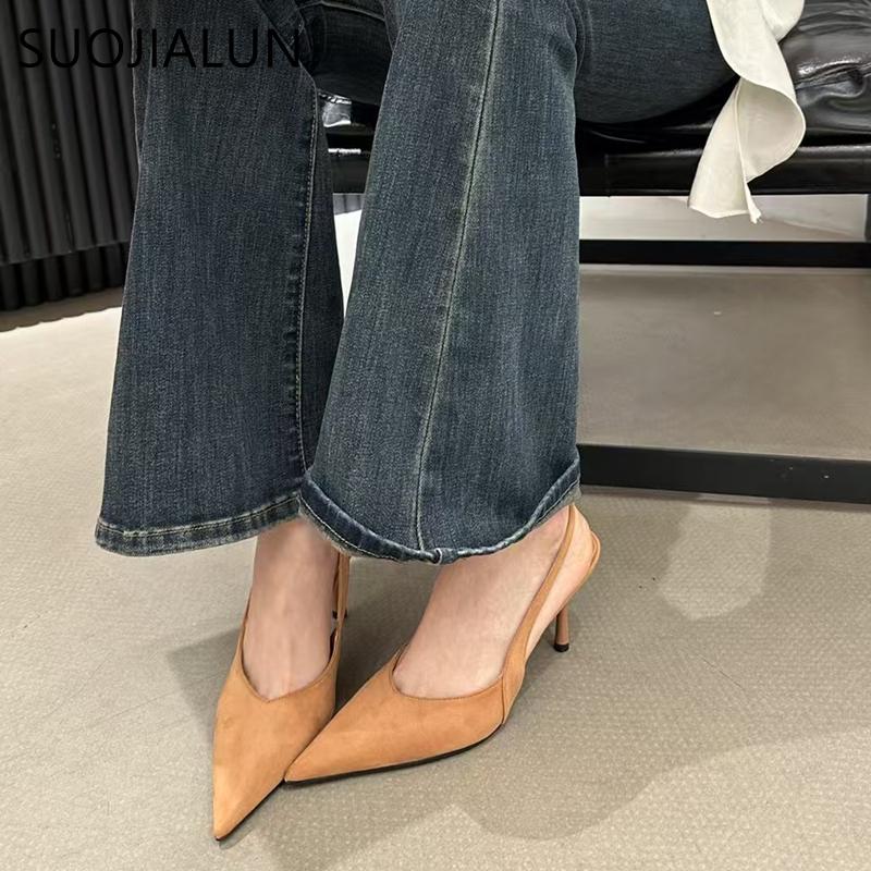 Fashion SUOJIALUN Spring New Brand Pointed Toe Women Sandal Fashion Thin High Heel Outdoor Dress Slingback Shoes Thin High Heel Pumps