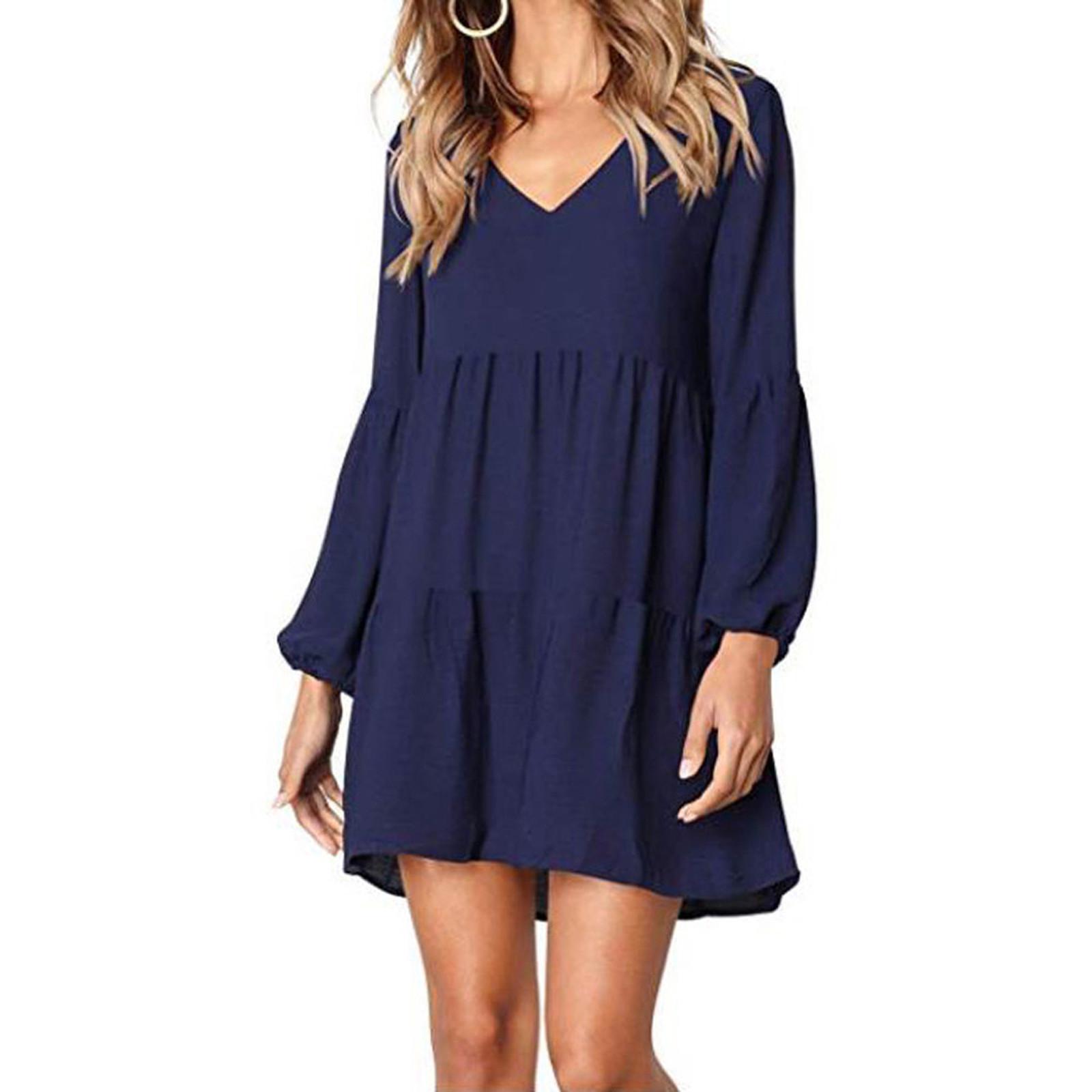 

Women Sexy V-Neck Long Sleeve Loose Dress Sleeve Fashion Dress XL тёмно-синий