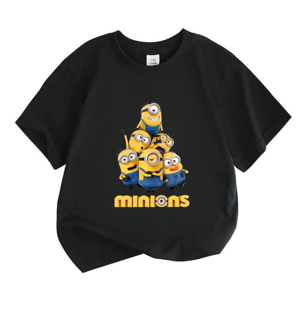 Kids Boys Girls 100% Cotton Crew Neck Short Sleeve T-Shirt, Cute Yellow Animated Characters Printed Casual Lightweight Breathable Tee for Daily Wear