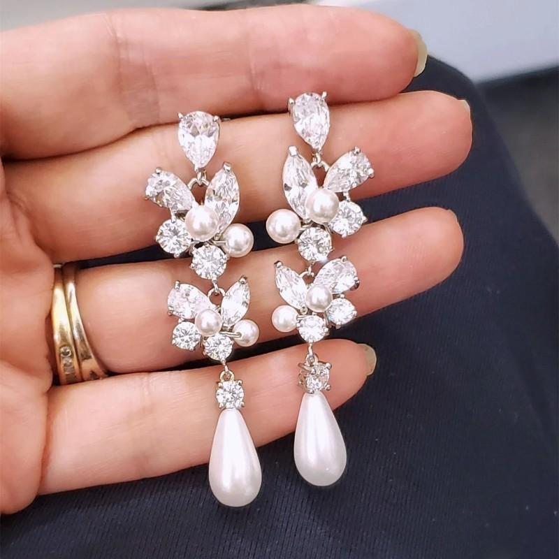 

Huitan Aesthetic Bridal Imitation Pearl Dangle Earrings Luxury Trendy Engagement Wedding Ear Accessories for Women Newly Zircon