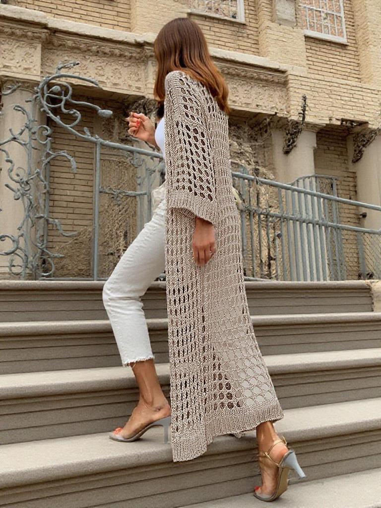 2026 Women's Hollow Knit Long Cardigan - Sun Protection Beach Cover-up, Resort Style, Trendy Spring/Summer Outerwear