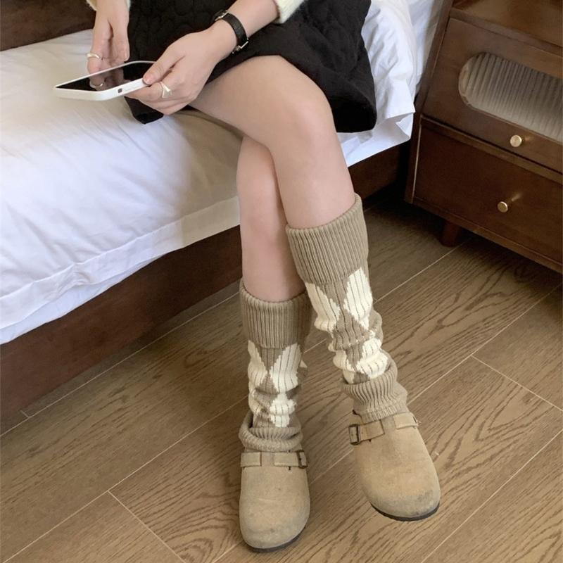 Argyle Pattern Wool Knitted Turn Cuffs Leg Warmers for Women and Students Cold Weather Foot Covers Footless Calf Socks