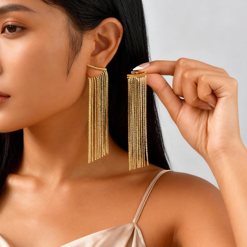 Orecchini Pendenti Lunghi con Nappe Placcati Oro di Lusso, Orecchini Pendenti a Catena con Nappe in Acciaio Inossidabile Impermeabile, Gioielli alla Moda per Donna
