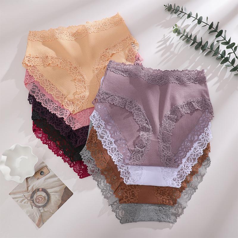 FINETOO 4PCS Sexy Lace Cotton Panties for Women Flroal Lace Seamless Briefs High Rise Lingerie Female Breathable Soft Underwear