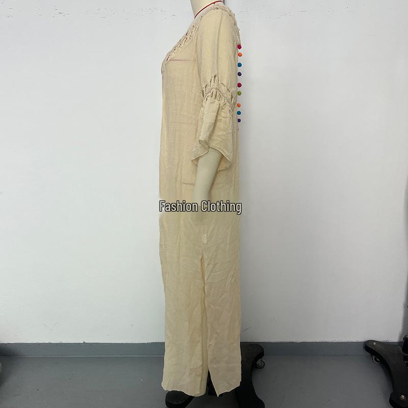 Womens American Crossborder European Handcrocheted Patchwork Ball Loose Beach Coverup Dress Sexy Backless Hollow Design