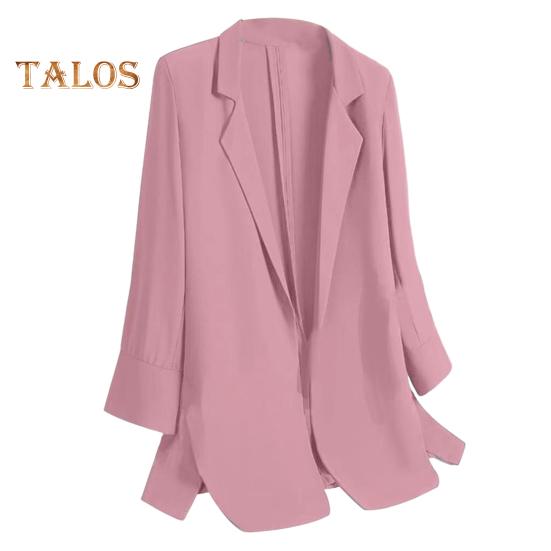 

Женский тонкий костюм, пальто с лацканами, рукав три четверти, пиджак, однотонный, свободный крой, с открытой передней частью, офисное женское пальто, рабочая одежда XL розовый