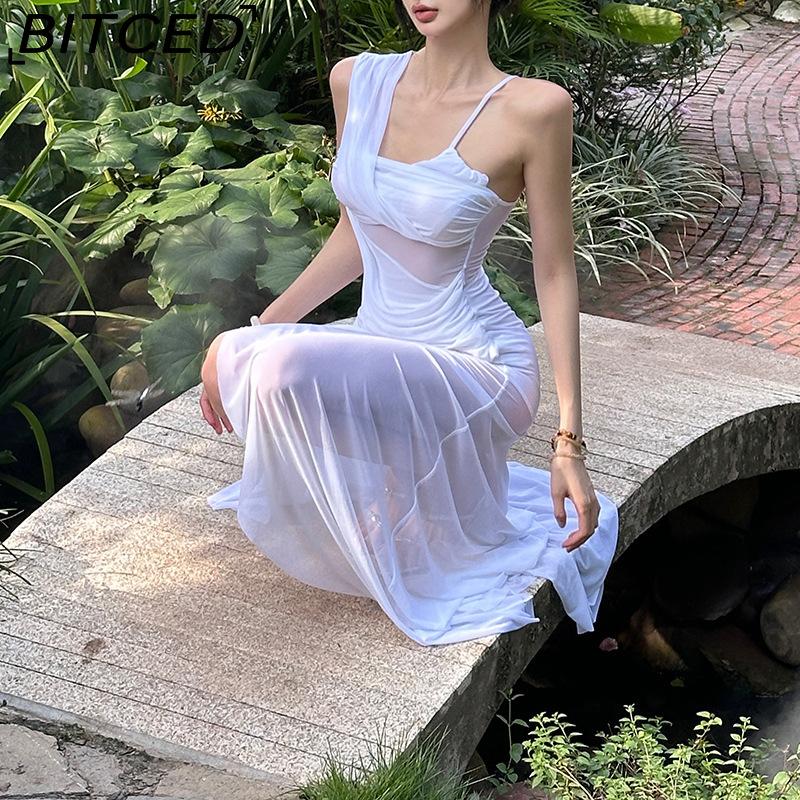 BITCED Summer Women's Solid-Colour Slim-Fit High-Waisted Fashion Strapless Sleeveless Mesh Dress